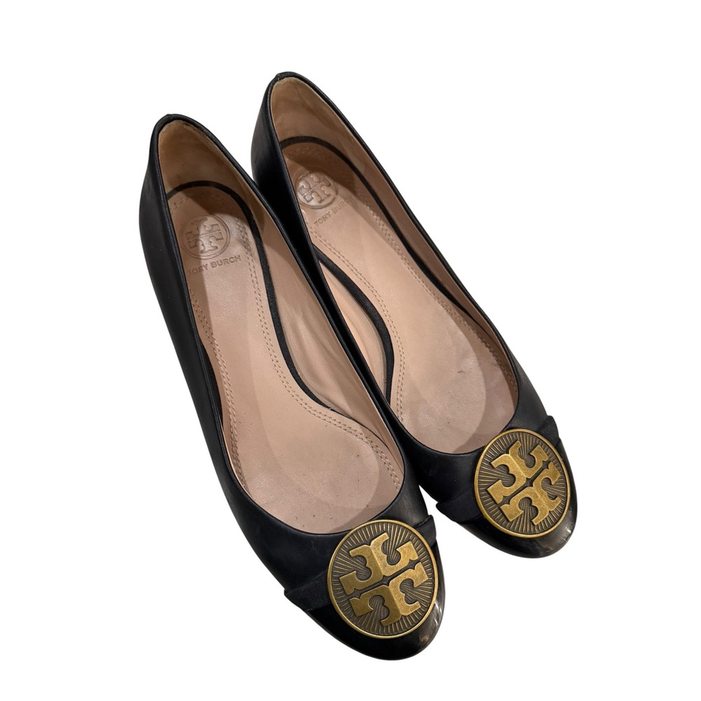 Tory Burch 7 Chelsea Black Leather Metal Logo Medallion Ballet Flat Block Heel